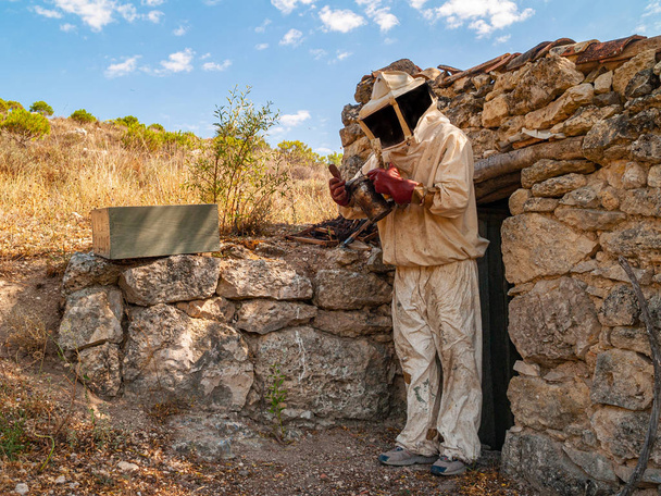 Apicultor protegido con traje blanco para que las abejas no muerdan mientras cuidan de sus colmenas
 - Foto, Imagen