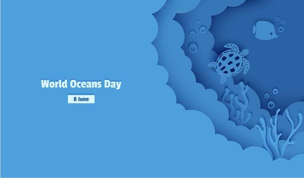World Oceans Day 8 June. Paper craft depth under water sea cave with fishes, coral reef, seabed in algae, waves. Diving concept, deep blue marine life. Vector sea wildlife. - Vector, Image