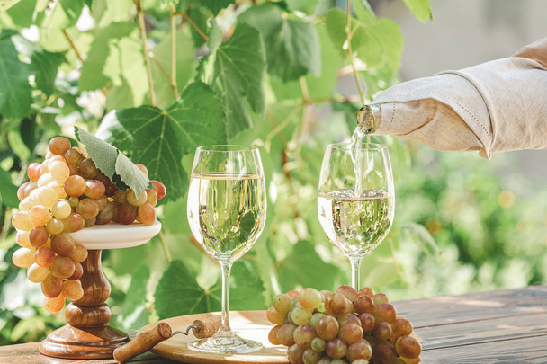 Χύνοντας κρασί σε γυαλί. Πράσινο σταφύλι και λευκό κρασί στον αμπελώνα. S - Φωτογραφία, εικόνα