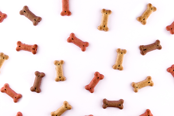 Wzór karmy dla psów wykonane z suchych przekąsek w kształcie kości. Śmieszne słodkie płaskie leżały tekstury. Zwierzęta domowe, zwierzęta żywiące się. Specjalna dieta, zaopatrzenie treningowe. - Zdjęcie, obraz