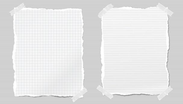 Roztrhané bílé a vyloučené poznámky, poznámkové bloky přilepené lepicí páskou na podšívaném šedém pozadí. Vektorová ilustrace - Vektor, obrázek