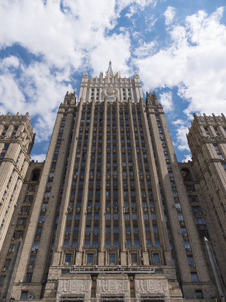 The main building of Ministry of Foreign Affairs is one of the famous seven skyscrapers, built in Stalinist style in Moscow Russia - Fotoğraf, Görsel