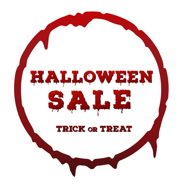 Halloween sale inscription on white background. Template of poster with red color dripping circle frame and bloody font. - Vector, afbeelding