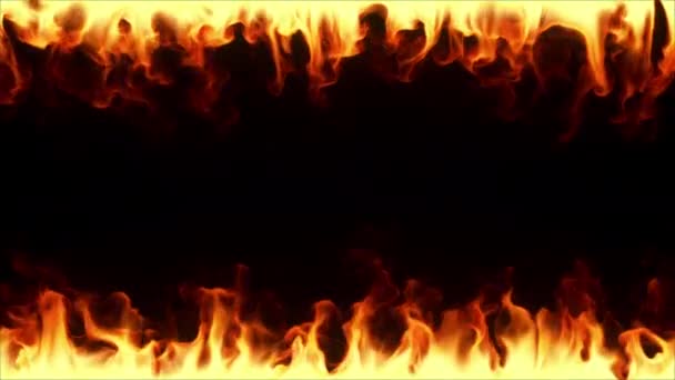 スローモーションで燃える火。黒い隔離された背景の下と上から画面を囲む燃えるフレーム。シームレスなループ 3D レンダリング - 映像、動画