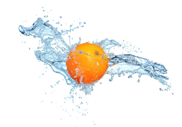 whole fresh orange fruit in water splash isolated on white background - Photo, image