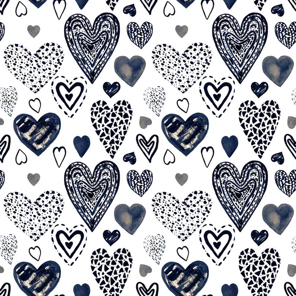 Иллюстрация набор вручную окрашенные сердца в графическом стиле Объекты для украшения День святого Валентина плавный узор
 - Фото, изображение