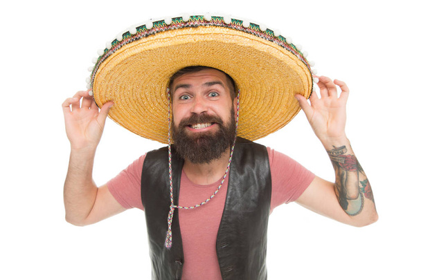 Real macho. Bearded macho wearing sombrero. Mexican macho in south american style. Spanish macho with beard and moustache in traditional mexican costume - Foto, immagini