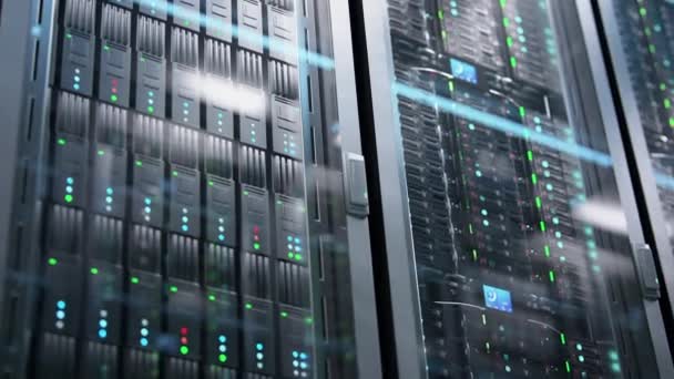 Camera moving in data center along the racks with server equipment, close up view. Seamlessly looped photorealistic 3D render animation. - Footage, Video
