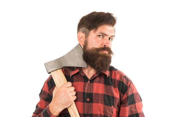 Keep calm and shave beard. Brutal lumberjack having shave with sharp axe blade isolated on white. Bearded man with classic shave. Shave barbershop - Foto, afbeelding
