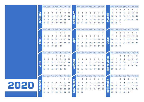 Modrý DIN-A4 2020 anglický kalendář. Verze na šířku - Vektor, obrázek