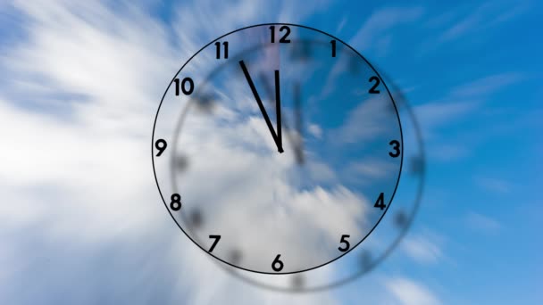 Horloge transparente cochant de cinq à douze heures sur ciel bleu avec effet 3D, avec une zone devenant de plus en plus rouge, indiquant l'urgence
 - Séquence, vidéo