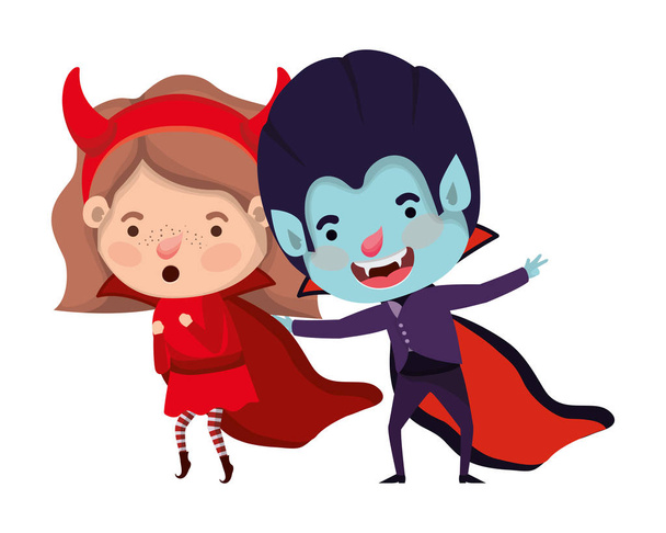 милые маленькие дети в костюме дракулы и дьявола
 - Вектор,изображение