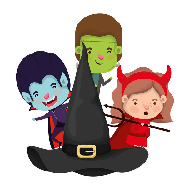aranyos kis gyerekek kalappal boszorkány karakterek - Vektor, kép