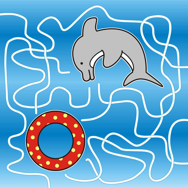 Delfín, labyrint, palubní hra pro děti, vektorová ilustrace - Vektor, obrázek