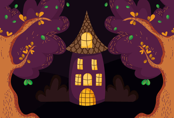 casa árboles en el bosque halloween
 - Vector, Imagen