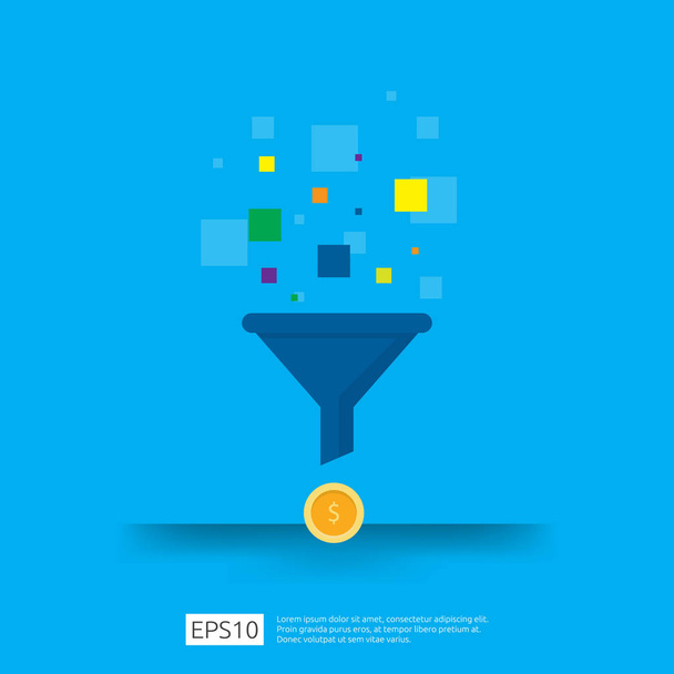information data collection of filter concept with funnel, money, and graph object element. digital marketing analysis for business strategy concept. Flat Design Vector Illustration - Διάνυσμα, εικόνα