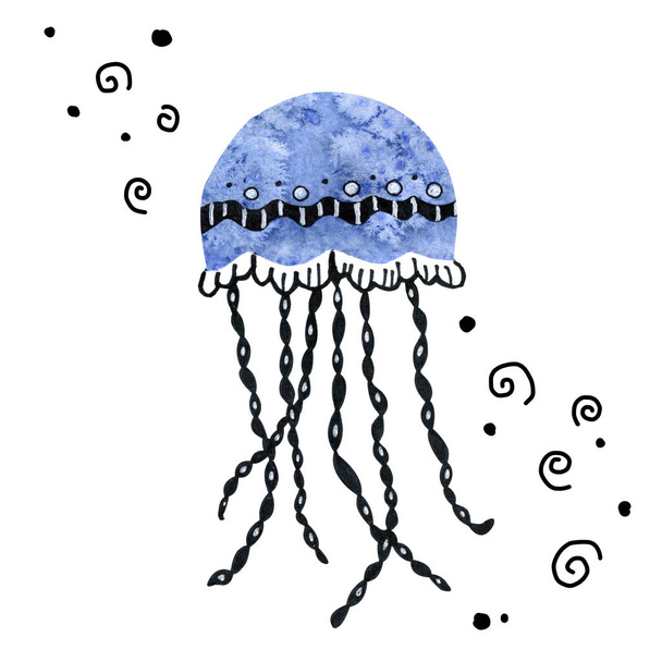 Акварельна ілюстрація з мультяшними медузами. Рука малює морських тварин. Дитячі товари, тканини, друк, одяг, текстиль, упаковка, обгортки. Простий монолітний сучасний дизайн
. - Фото, зображення