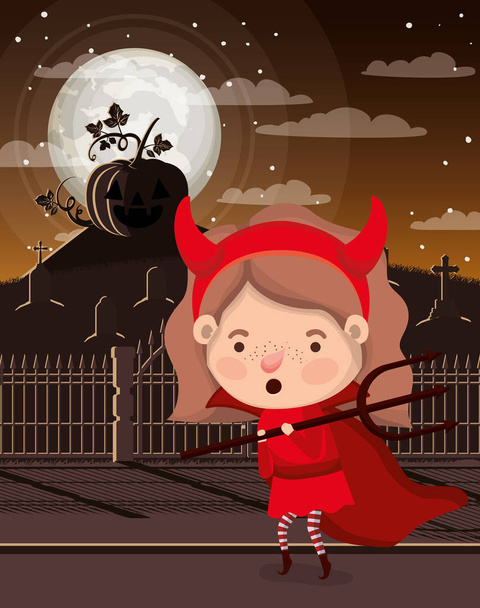 女の子の衣装悪魔とハロウィーンシーズンシーン - ベクター画像