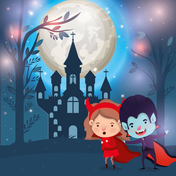 Halloweenská karta s dětmi v temné noční scéně - Vektor, obrázek