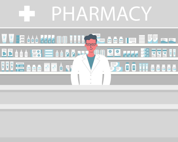 Bandiera web di un farmacista. Giovane sul posto di lavoro in una farmacia: in piedi di fronte a scaffali con farmaci. Illustrazione piatta vettoriale
 - Vettoriali, immagini