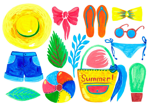 Set de accesorios de verano para mujer para viajar y la playa Acuarela ilustración
 - Foto, Imagen