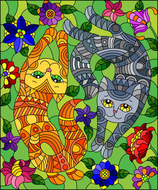 Çayırlar ve parlak çiçekler bir arka plan üzerinde sevimli kedi bir çift ile vitray tarzı İllüstrasyon  - Vektör, Görsel