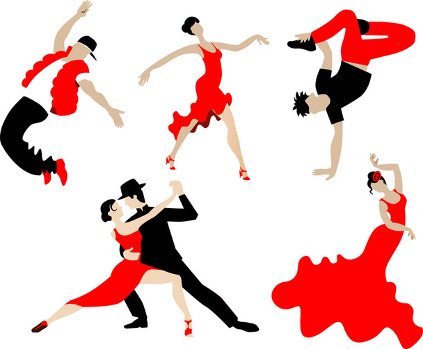 Conjunto de bailes diferentes de personas en negro y rojo
. - Vector, Imagen