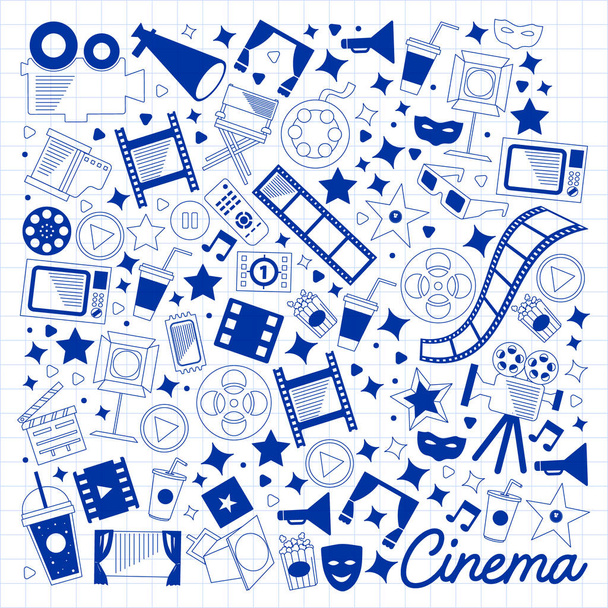 Vector pattern with cinema icons. Movie Theater, TV, popcorn, video clips, musical - Vektor, Bild
