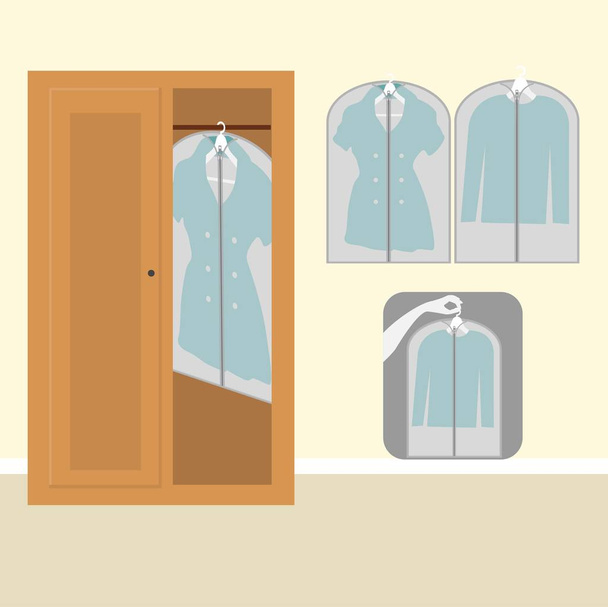 Різний одяг з пилозахисним покриттям та дерев'яним шафою
  - Вектор, зображення