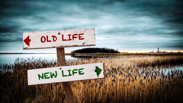 Straßenschild zu neuem Leben versus altem Leben - Foto, Bild