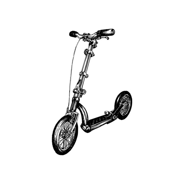 Vector illustration of push scooter. Hand drawn sketch of foot-driven transport on a white background. - ベクター画像