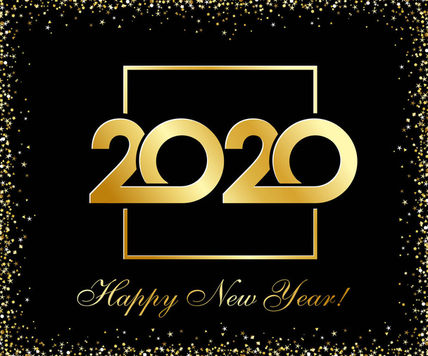 2020 Feliz Año Nuevo de oro brillante logotipo de diseño. Ilustración vectorial con etiqueta navideña negra aislada sobre fondo negro. Tarjeta de Navidad, banner de venta de Navidad o cartel de graduados de clase 2020
 - Vector, imagen