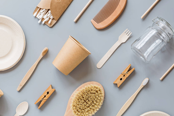 eco natural paper products flat lay on gray background. sustainable lifestyle concept. zero waste. stop plastic pollution. Top view, overhead, template, Mockup. - 写真・画像