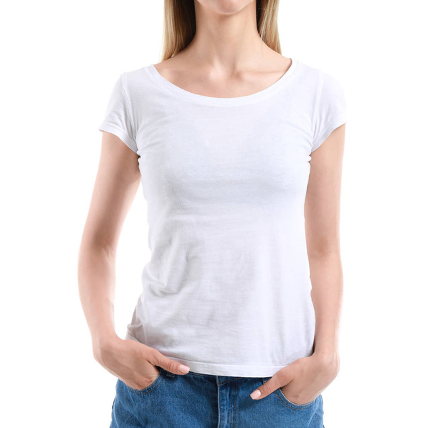 Mulher em elegante t-shirt no fundo branco
 - Foto, Imagem