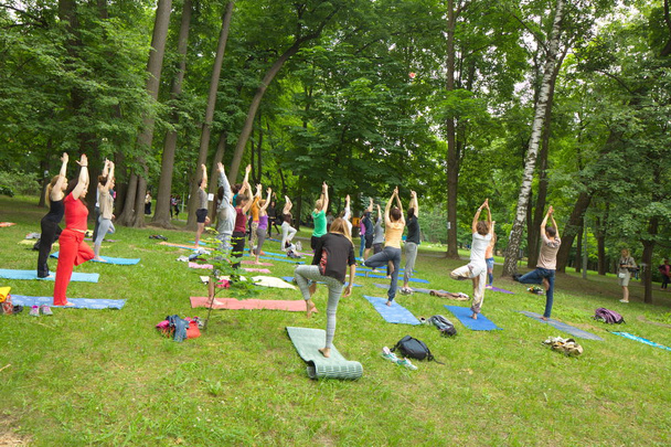 Belarus, Minsk, June 2015. people make exercises during yoga tra - Foto, imagen