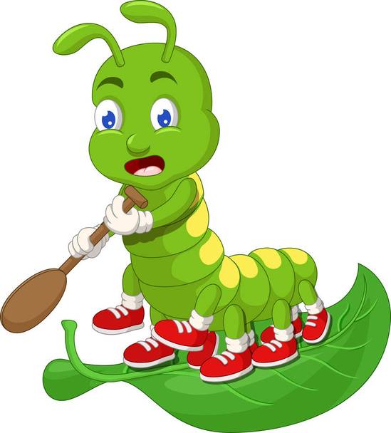 Funny Green Caterpillar Usando Zapatos Rojos En Dibujos Animados De Hoja Verde Para Su Diseño
 - Vector, imagen