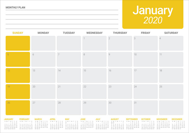 Векторная иллюстрация календаря января 2020
 - Вектор,изображение