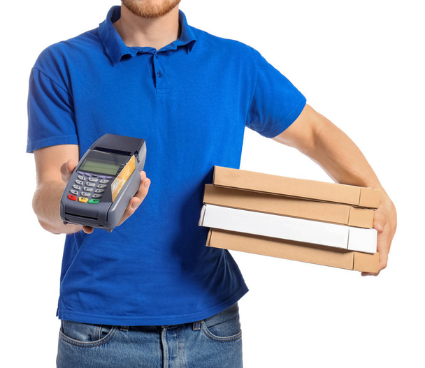 Worker of food delivery service with payment terminal on white background - Valokuva, kuva