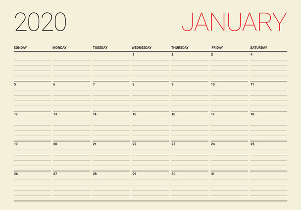 Εικόνα διάνυσμα ημερολογίου γραφείου Ιανουαρίου 2020 - Διάνυσμα, εικόνα