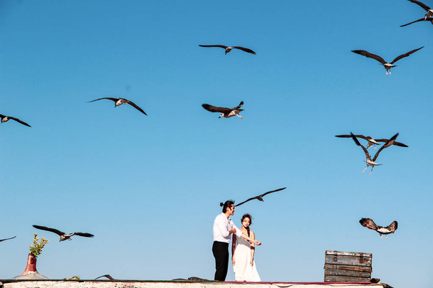 Lovely couple hugging on the roof with seagull background at Bosphorus - Valokuva, kuva