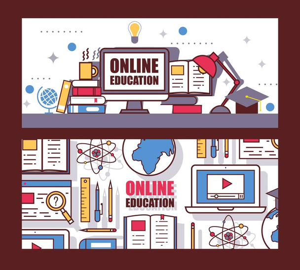 Online-Bildungs-Website Header, Vektorillustration. Hochschulseite Banner für Fernstudium, Hochschulinformationsbroschüre - Vektor, Bild