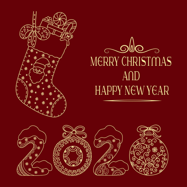 Decorative festive lettering - text greetings Merry Christmas and Happy New Year, 2020. Holiday decoration in form of stocking with Santa Claus, toys, gifts, candy, snowflakes, bow. - Вектор, зображення