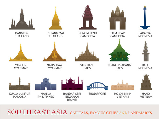 Azja Południowo-Wschodnia miasta zabytki Colorful sylwetka - Wektor, obraz