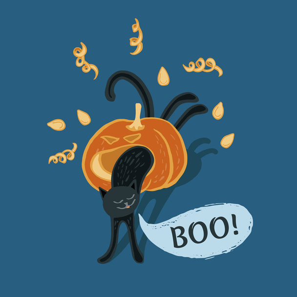 Ilustración vectorial de Halloween con gato divertido y calabaza sobre fondo azul para tarjeta de felicitación, invitación, banner. Impresión de colocación
. - Vector, imagen