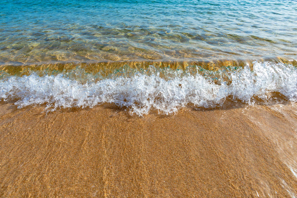 Маленькая волна брызгает на золотой песок с голубой морской водой, Корсика
 - Фото, изображение