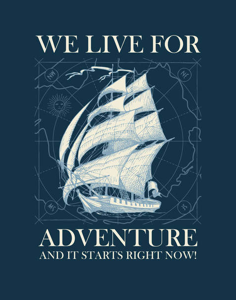 Retro reizen banner met zeilschip en oude kaart - Vector, afbeelding