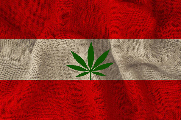 green leaf of hemp and beautiful national flag of austria, concept of medical cannabis, legalization of drugs, crime of drug trafficking, close-up - Фото, изображение