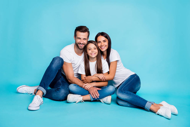 Full length body size photo of cute beautiful family enjoying spending time with each other while isolated with blue background - Fotoğraf, Görsel