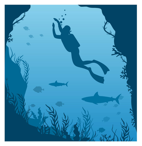 Vector illustration of dive deep in water. Silhouette of scuba diver, man in aqualung with lantern and coral reef, big fishes on a blue sea background in flat style. - Vektor, Bild