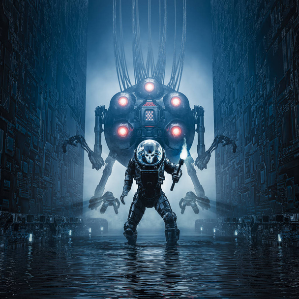 Entering the temple / 3D illustration of science fiction scene showing evil skull faced astronaut exploring watery corridor with giant robot - Fotó, kép
